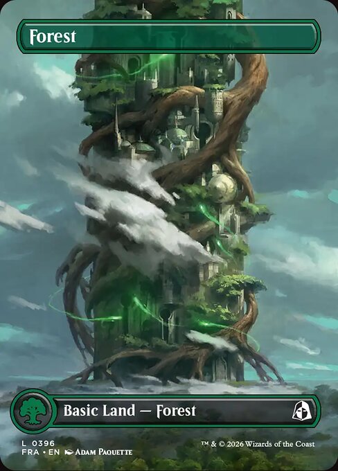 MTG Forest FRA 396 Borderless Tower Basic Land Foil front