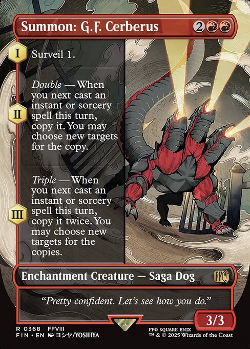MTG Summon: G.F. Cerberus FIN 368 Borderless Woodblock Nonfoil