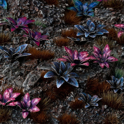 Miniature terrain featuring assembled Alien Rosette laser-cut plants integrated into a realistic scenic landscape.