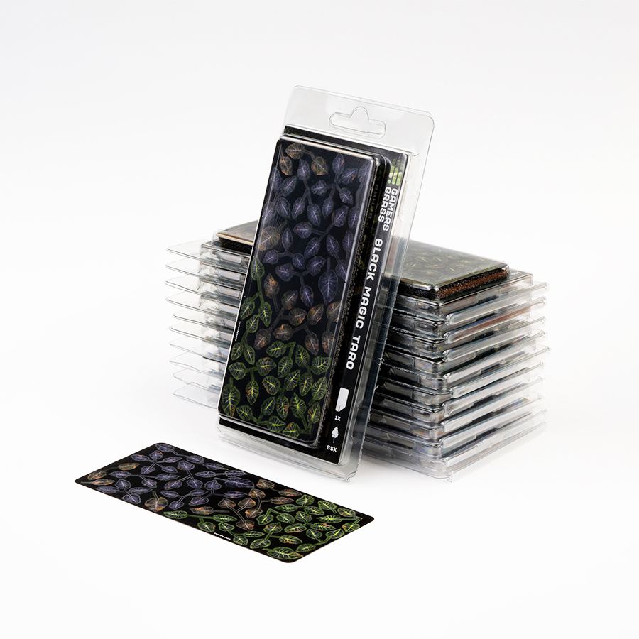 Laser Plants Black Magic Taro blister pack displayed with assembled Black Magic Taro plants showing the finished miniature foliage.