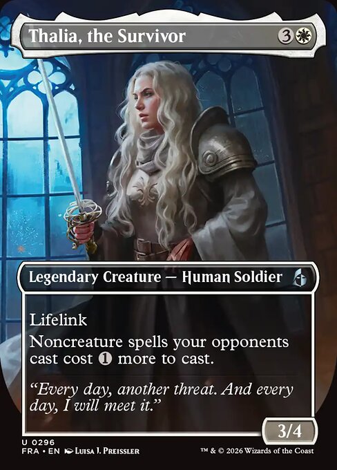 MTG Thalia, the Survivor FRA 296 Borderless Echoed Pairs Nonfoil front