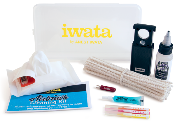 Iwata CL100 airbrush cleaning kit with brushes, cleaner, tools and case
