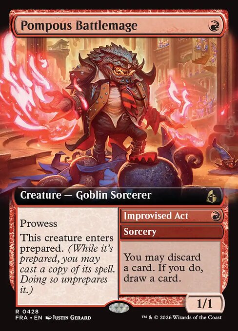 MTG Pompous Battlemage // Improvised Act FRA 428 Extended Art Nonfoil front
