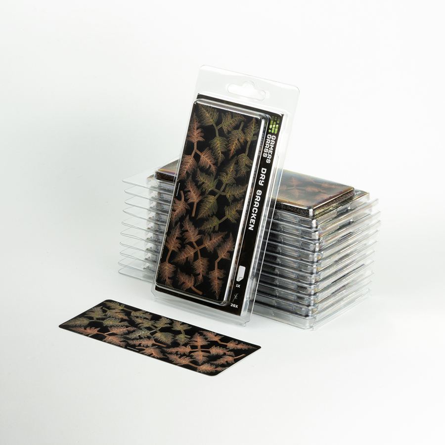 Laser Plants Dry Bracken blister pack displayed with assembled Dry Bracken plants showing the finished miniature foliage.