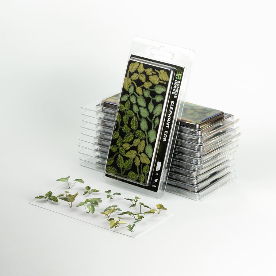 Laser Plants Elephant Ear retail blister pack containing precision laser-cut Elephant Ear foliage sheets for miniature scenery.