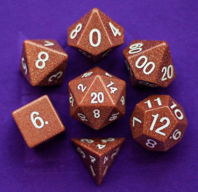MGD Gemstone Engraved Goldstone: Full-Sized 16mm Polyhedral Dice Set