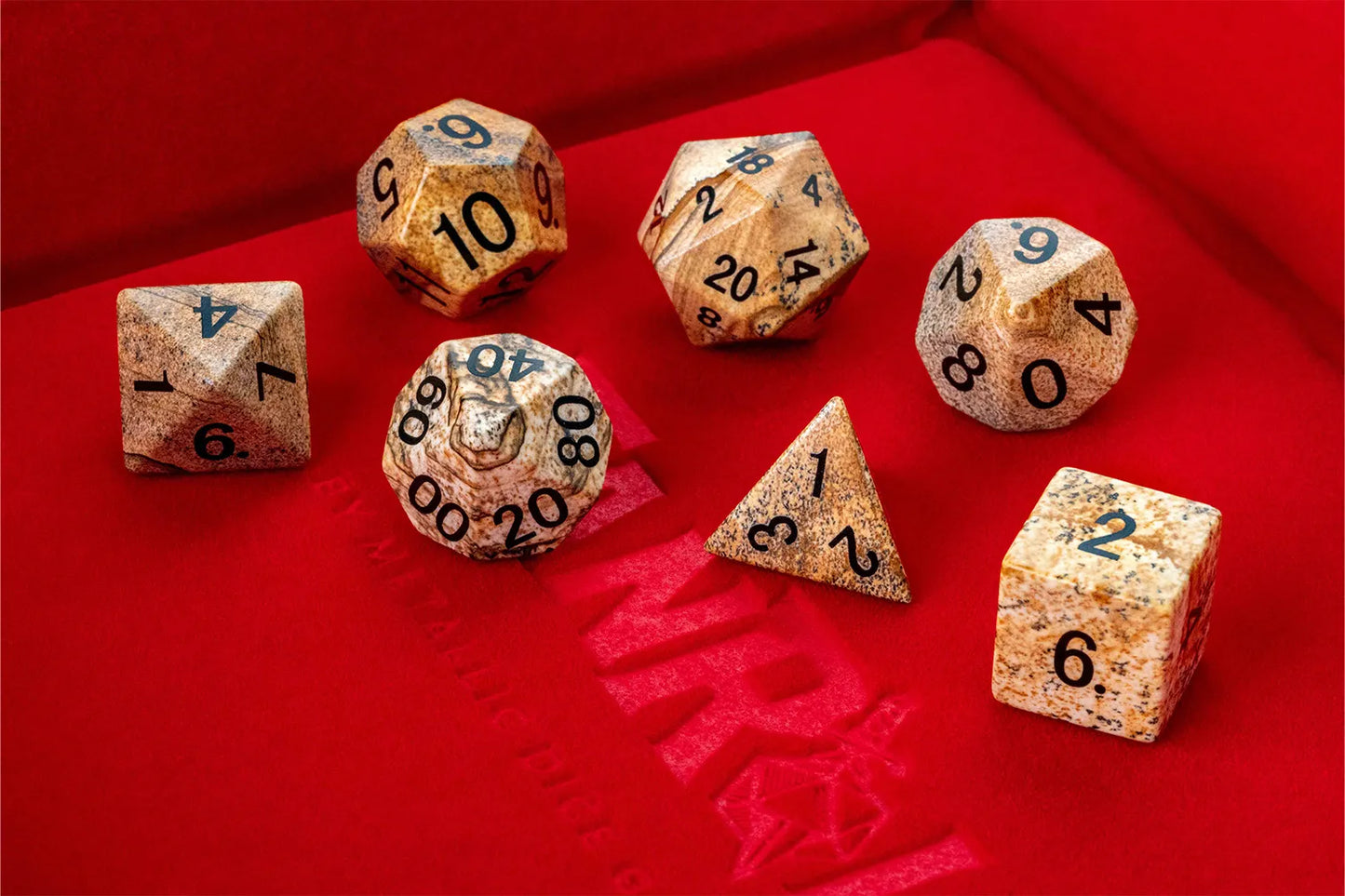 MGD Gemstone Engraved Jasper: Full-Sized 16mm Polyhedral Dice Set