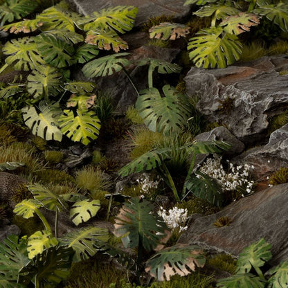 Miniature terrain featuring assembled Monstera laser-cut plants integrated into a realistic scenic landscape.
