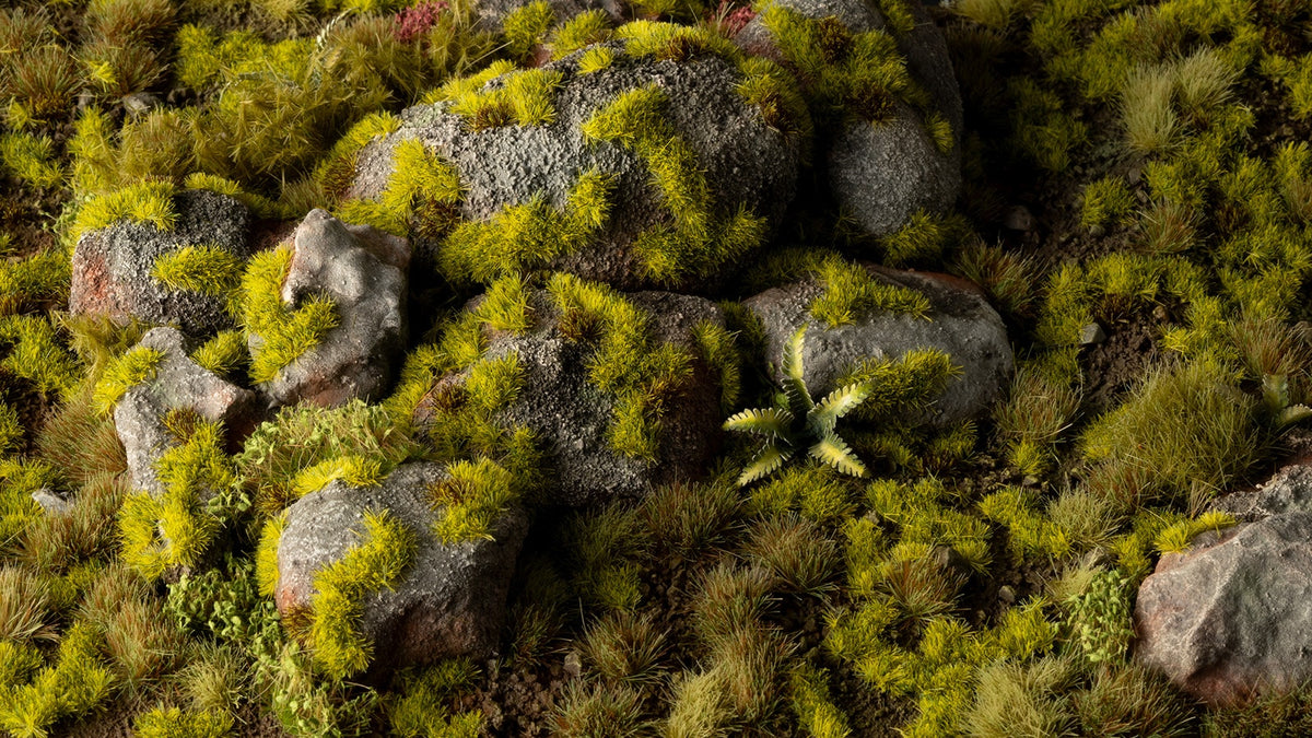 Gamers Grass Moss 2mm tufts on a miniature diorama