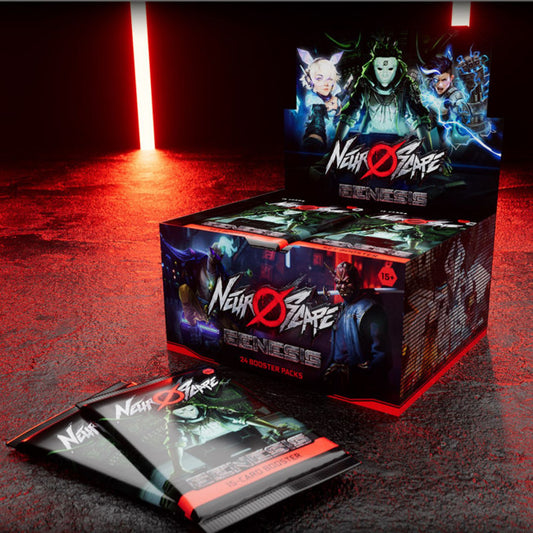 Neuroscape Genesis Unlimited booster display and packs on cyberpunk backdrop