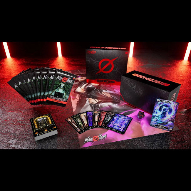 Neuroscape TCG Genesis Unlimited Master Diver Kit contents with boosters, cards, storage box and d20