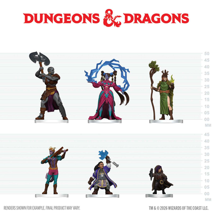 Six pre-painted Spells & Steel character miniatures with scale guide
