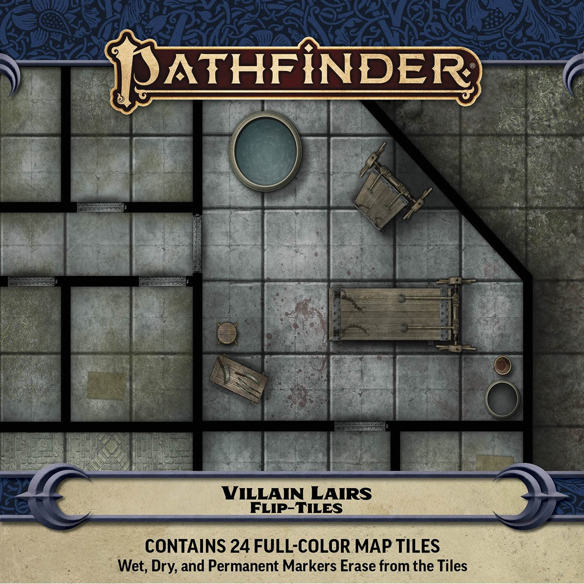 Pathfinder Villain Lairs Flip-Tiles packaging with map tiles and game components.