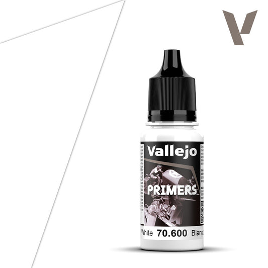Vallejo Surface Primer White 18 ml prepares miniatures, models and scenery with an even acrylic foundation for airbrushing or brush painting.