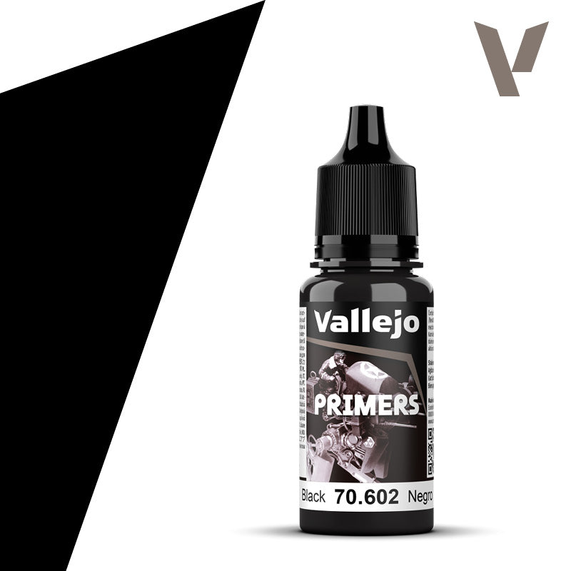 Vallejo Surface Primer Black 18 ml prepares miniatures, models and scenery with an even acrylic foundation for airbrushing or brush painting.