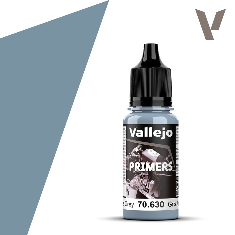 Vallejo Surface Primer Steel Grey 18 ml prepares miniatures, models and scenery with an even acrylic foundation for airbrushing or brush painting.
