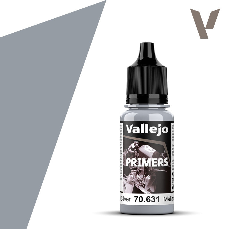 Vallejo Surface Primer Chainmail Silver 18 ml prepares miniatures, models and scenery with an even acrylic foundation for airbrushing or brush painting.
