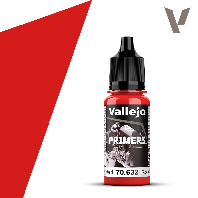 Vallejo Surface Primer Blood Red 18 ml prepares miniatures, models and scenery with an even acrylic foundation for airbrushing or brush painting.
